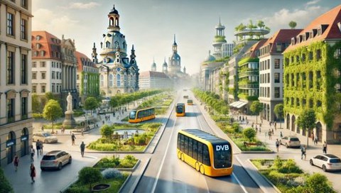 KI-generiertes Bild eines autonomen Busnetzes der DVB in Dresden