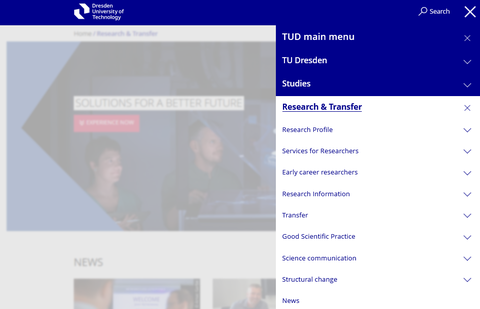 Screenshot of the navigation in the main menu item Research and Transfer