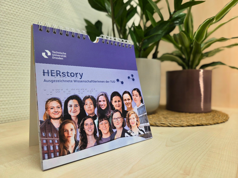 Desk calendar titled “HERstory” from TUD featuring outstanding women scientists. Green indoor plants are placed in the background on a wooden shelf.
