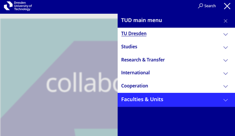 Screenshot of the main navigation of the TUD website
