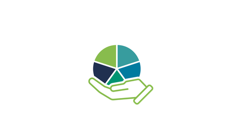 Icon of the research topic RA5-1 Sustainability Assessment – represented by a circle made of 5 segments in the colors of RA1, RA2, RA3, and RA5, carried by a hand in RA5-color