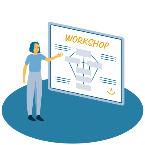 Eine Person steht einer Tafel oder einem Whiteboard zugewandt und zeigt darauf. Auf der Tafel- oder Whiteboardfläche steht: „WORKSHOP“. Darunter ist eine Grafik angedeutet und unten links lächelt ein Smiley. 