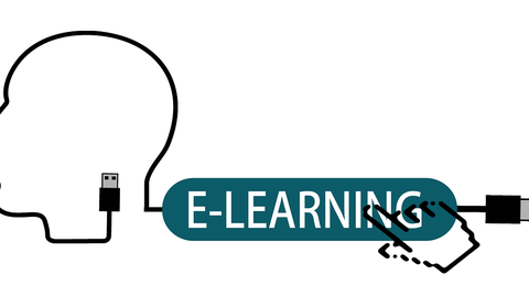 Graphic illustration of a head connected via a USB cable to the text “E-LEARNING.” The cable ends in a hand holding a USB plug.